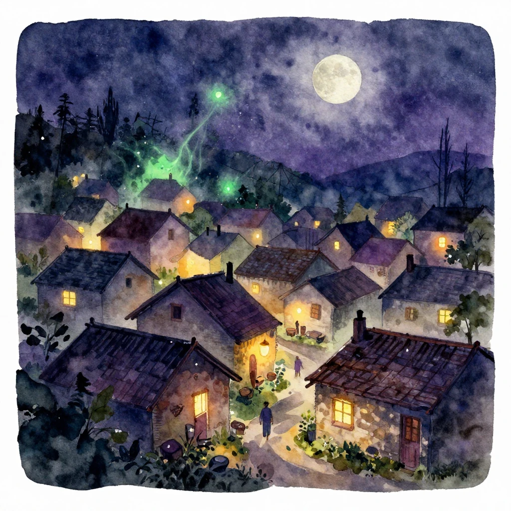 A vibrant watercolor painting of a rustic, moonlit village. ...