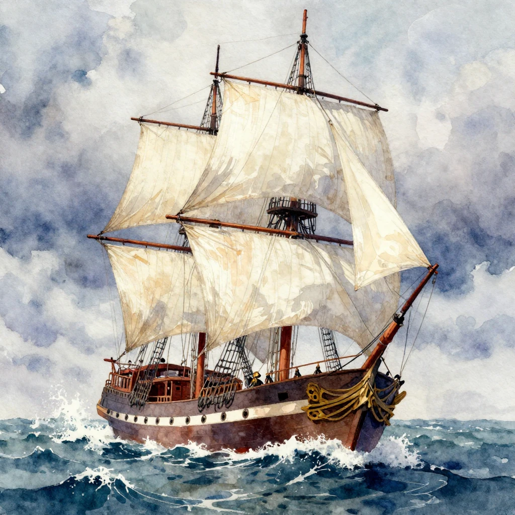 A vibrant watercolor painting of a majestic sailing ship on ...