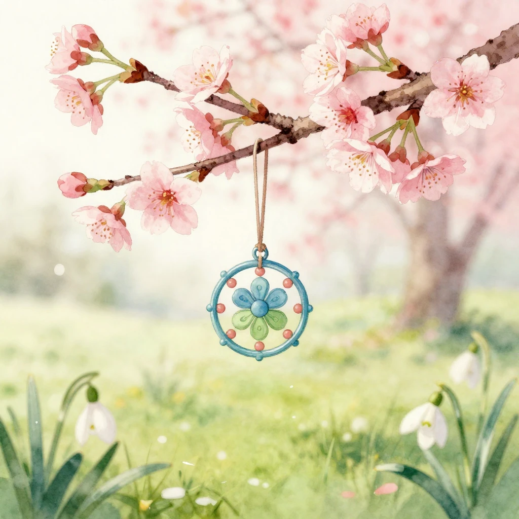 A watercolor illustration of a blooming cherry blossom branc...