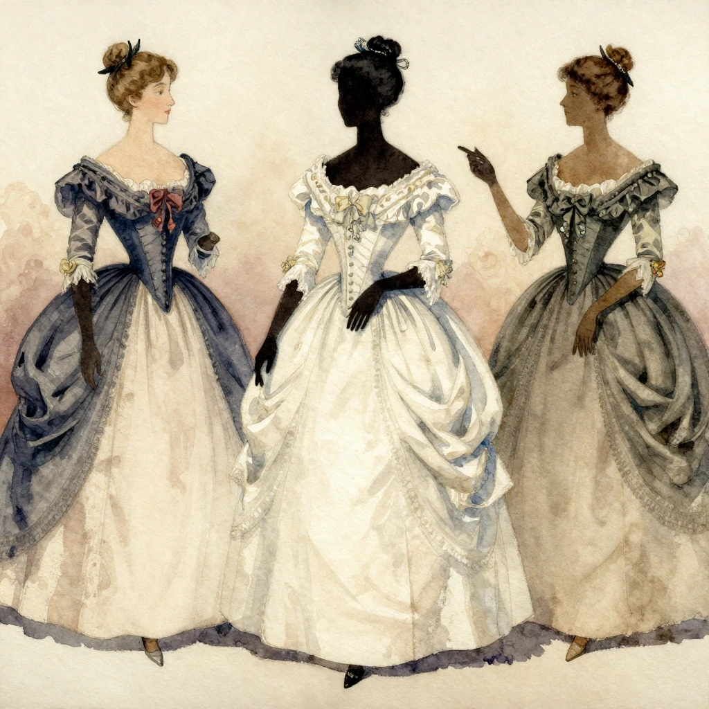 Watercolor painting of 19th-century ball gowns on silhouette...