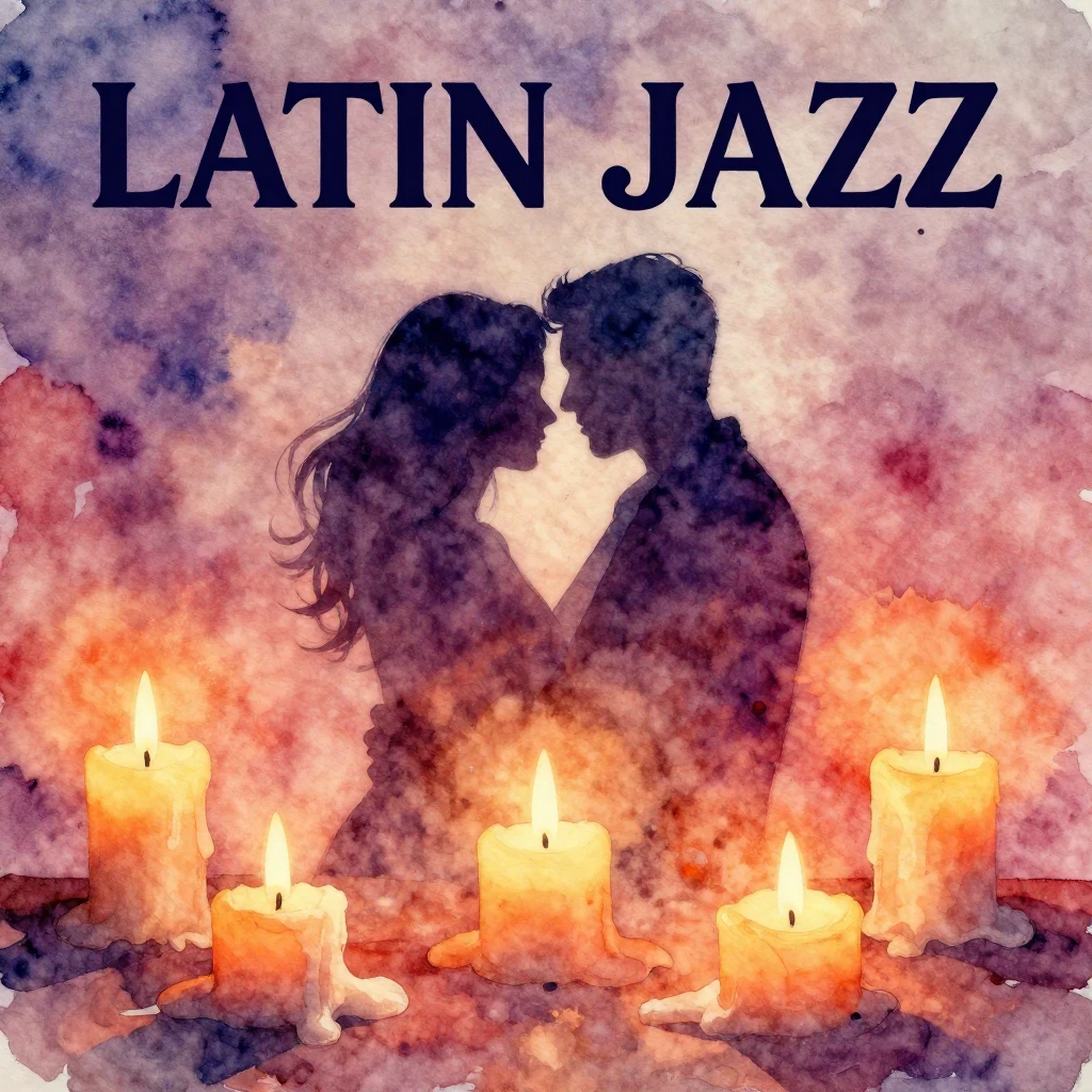 Vibrant watercolor style. Latin Jazz album cover, melancholi...