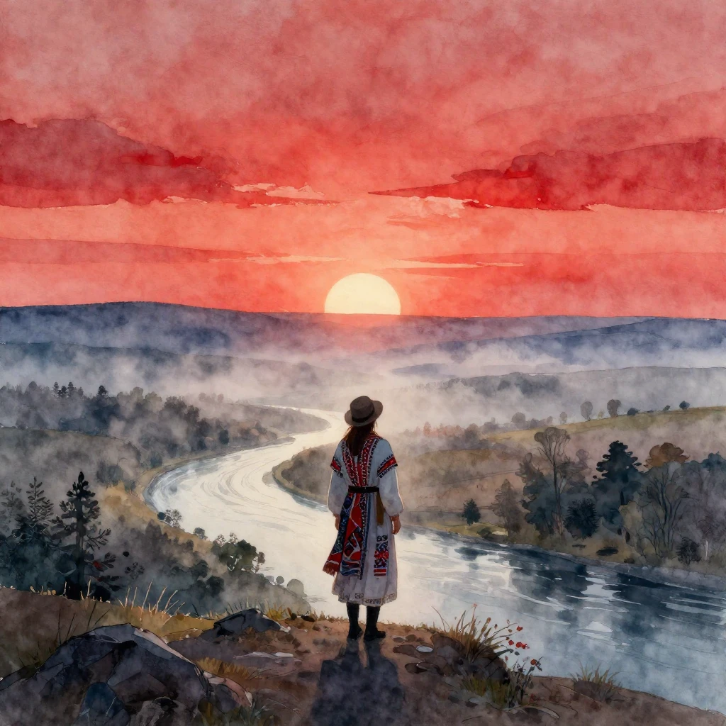 A solitary figure in a melancholic folk art style, overlooki...