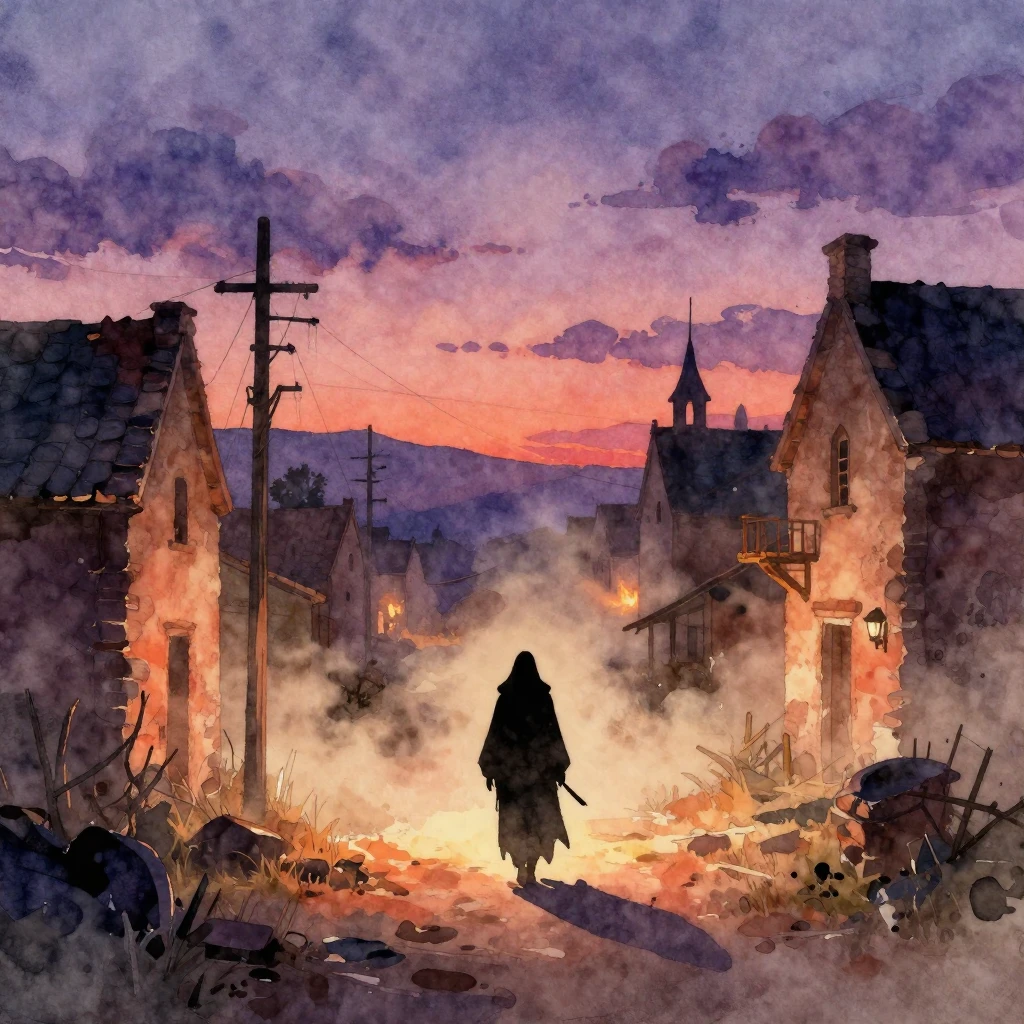 A desolate, ancient town under a twilight sky, with dust, fi...