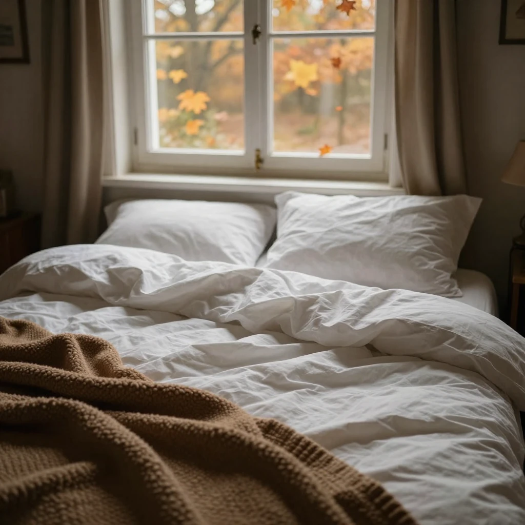 A cozy autumnal bedroom scene, soft natural light filtering ...