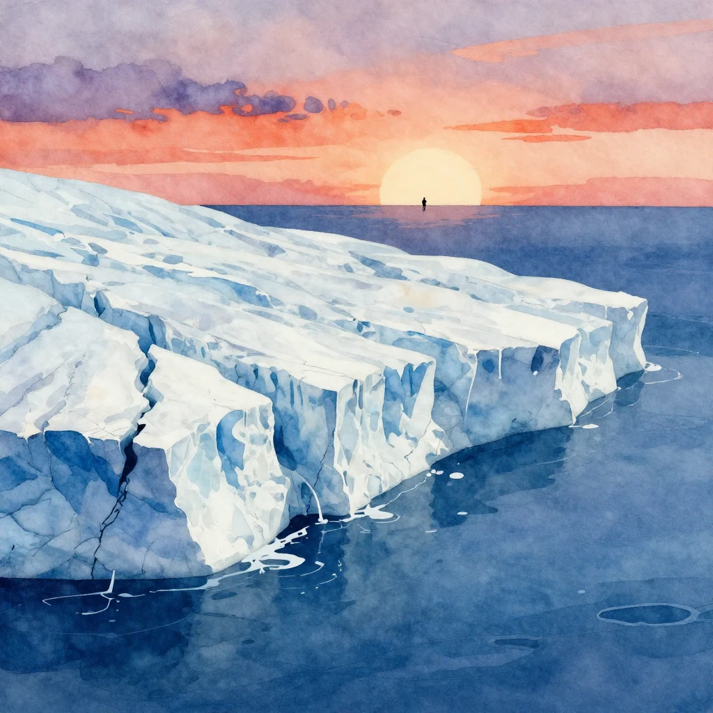 A watercolor style image depicting a vast, ancient glacier s...