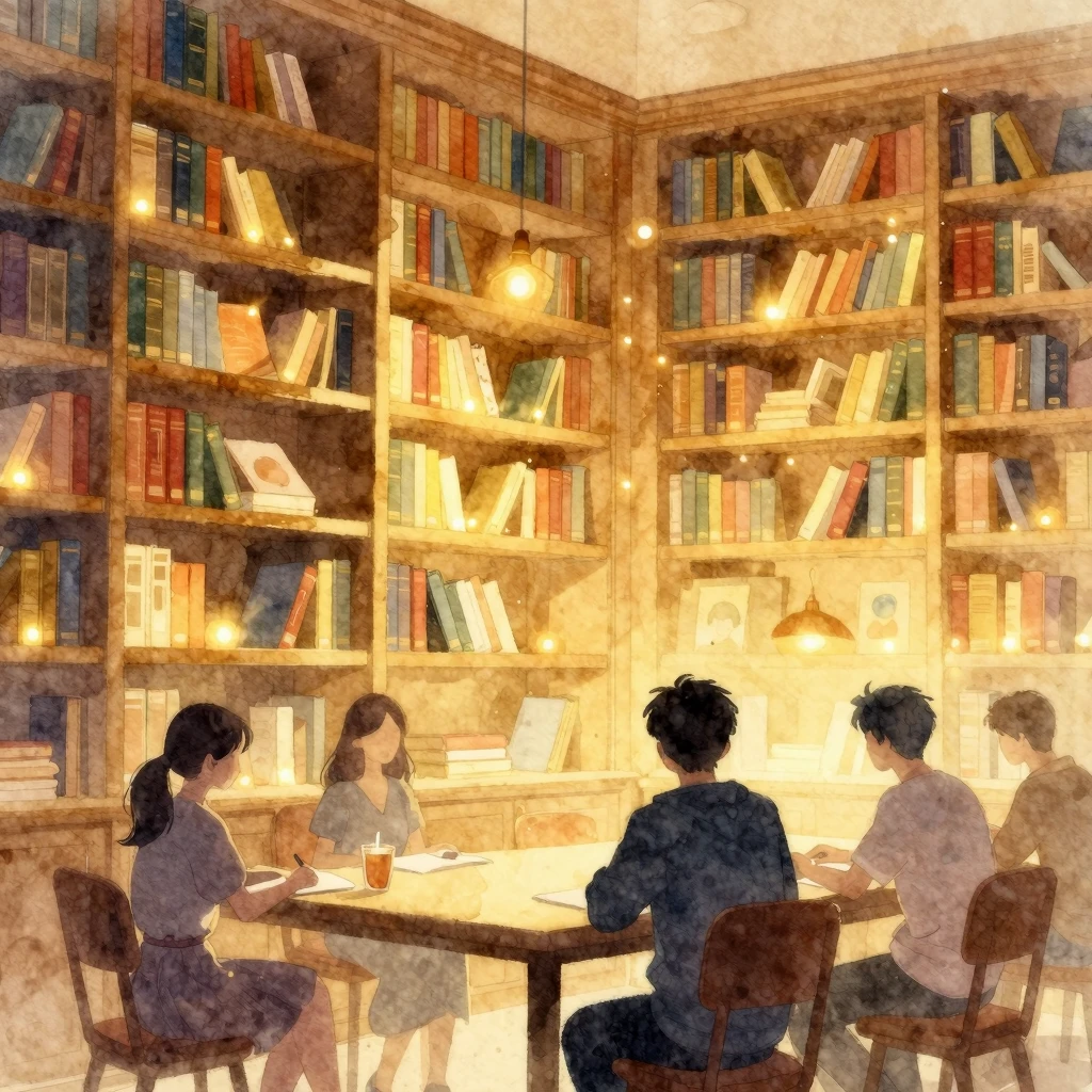 Watercolor style painting of glowing bookshelves in a cozy l...