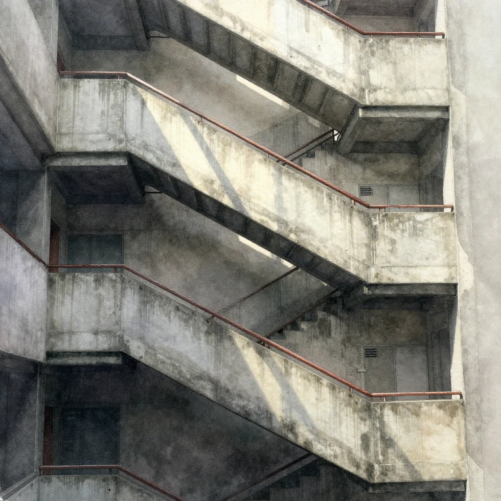 A watercolor illustration of a winding concrete stairwell in...