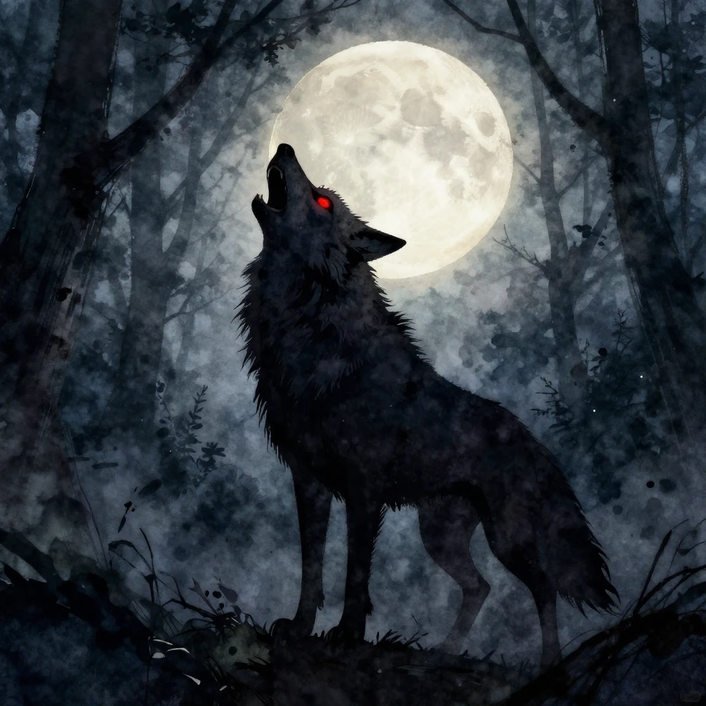 A silhouetted werewolf howling at a luminous full moon in a ...