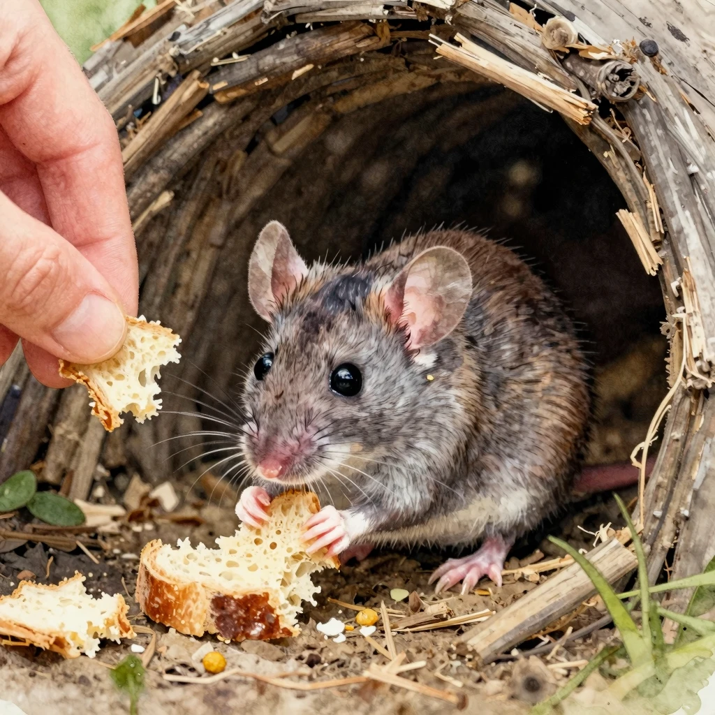 A small, grey mouse with big, black, bead-like eyes, nibblin...