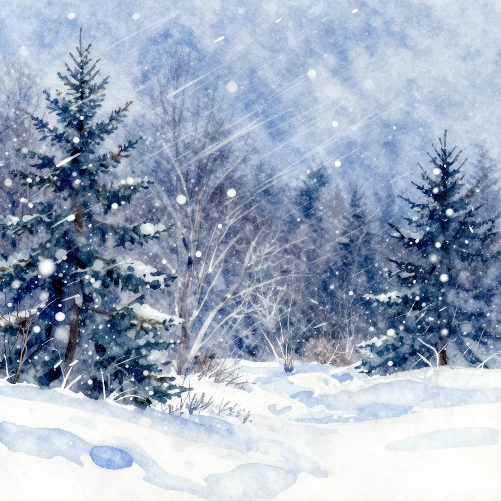 Vibrant watercolor style. Intense blizzard scene, heavy snow...