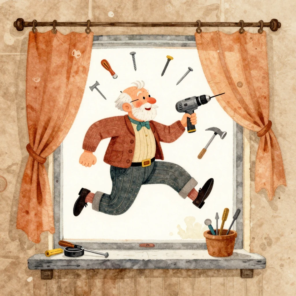 A vibrant watercolor and folk art illustration of an elderly...