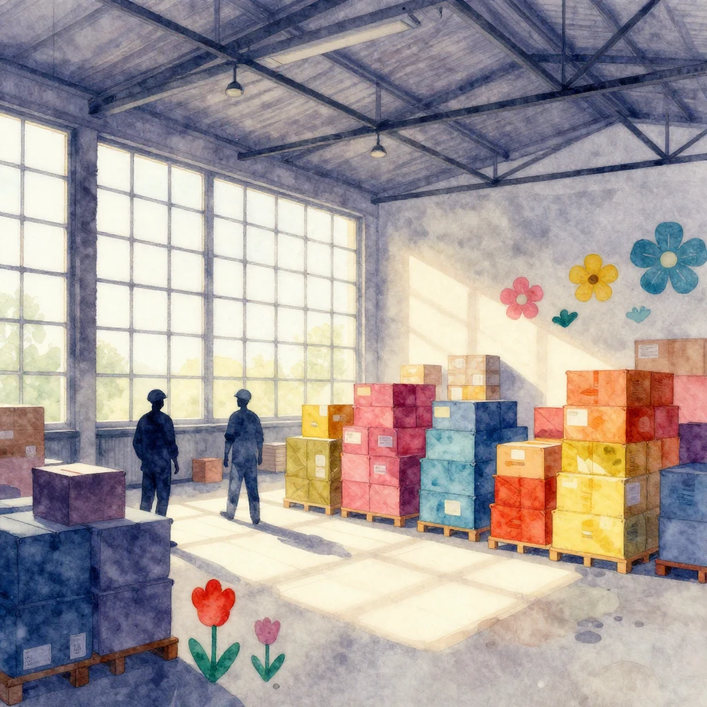 Watercolor style. A stylized warehouse interior with silhoue...