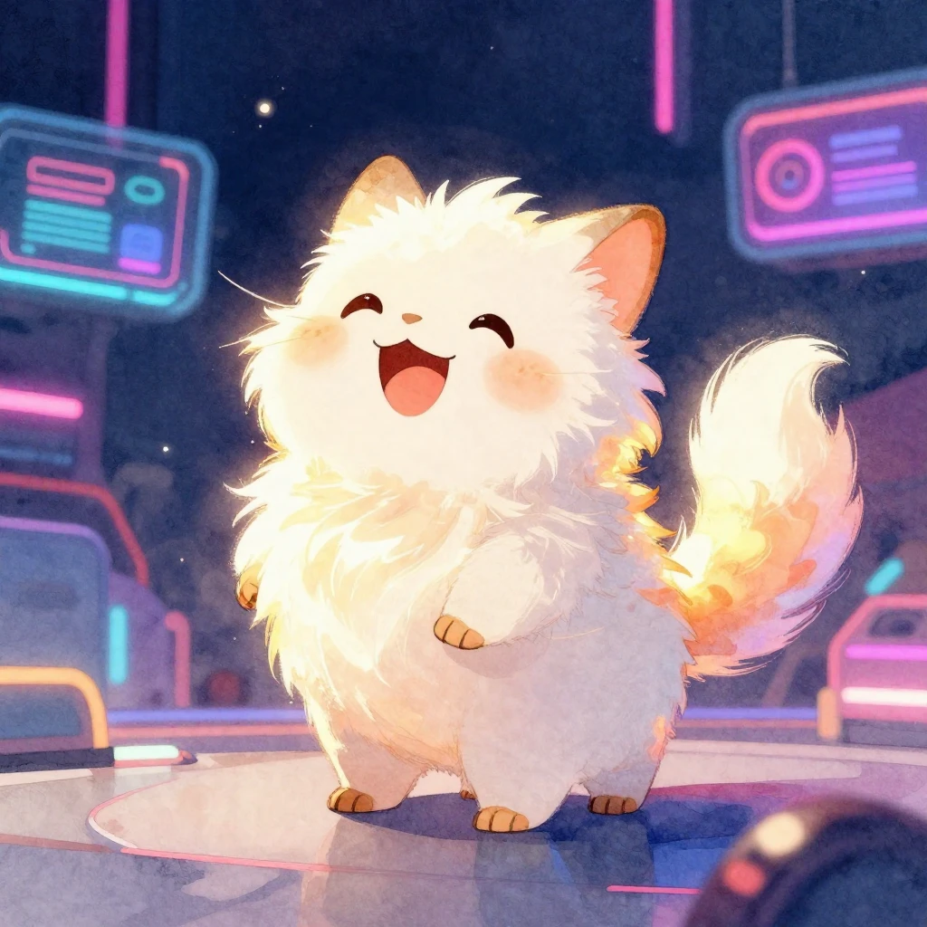 A fluffy futuristic animal, glowing with happiness, wagging ...