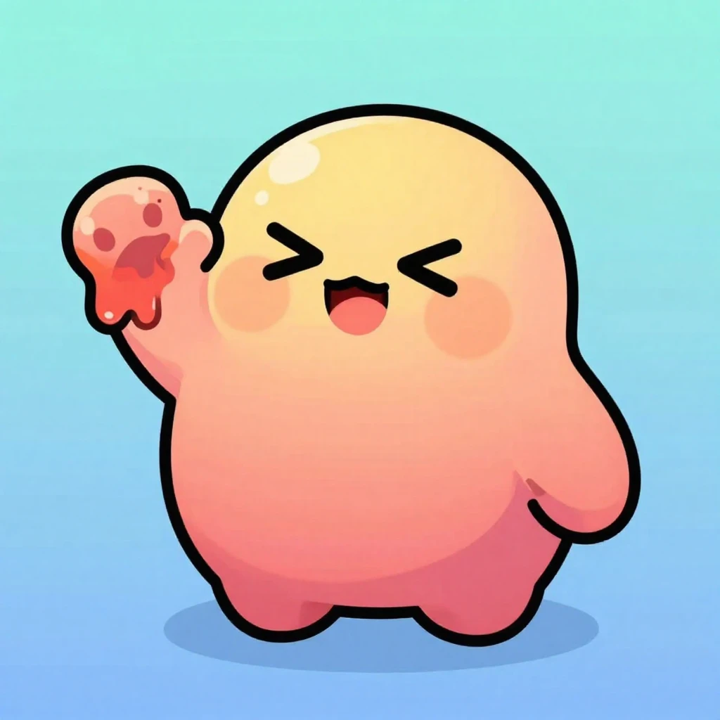A cute, cartoon-style blob character with a playful, mischie...