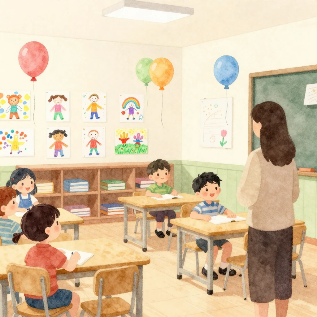 A cozy watercolor illustration of a kindergarten classroom. ...