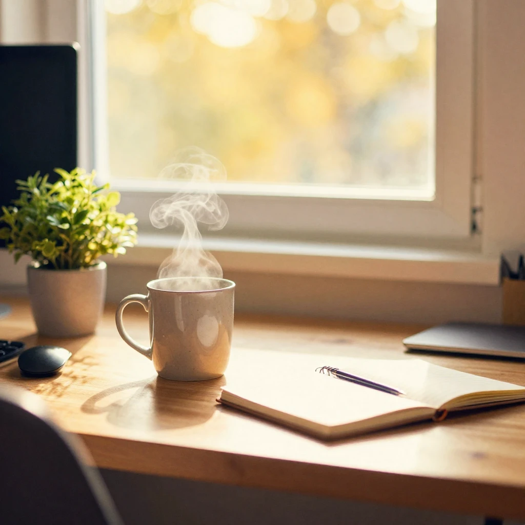 A cozy office desk illuminated by warm, golden hour sunlight...