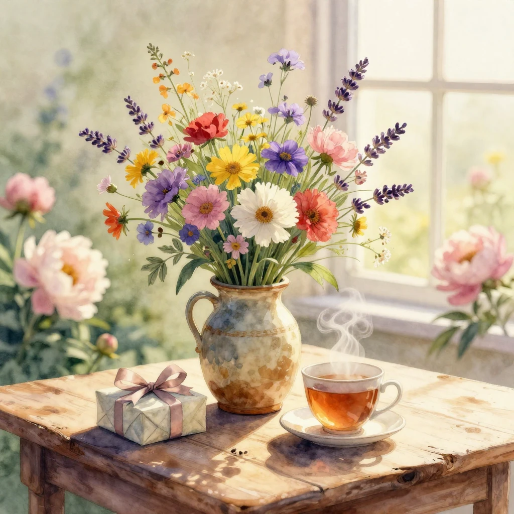 A beautiful watercolor illustration of a vibrant bouquet of ...