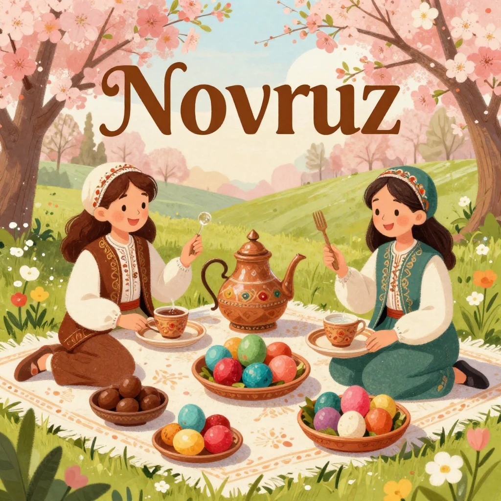 A vibrant and joyful scene depicting Novruz celebration, wit...