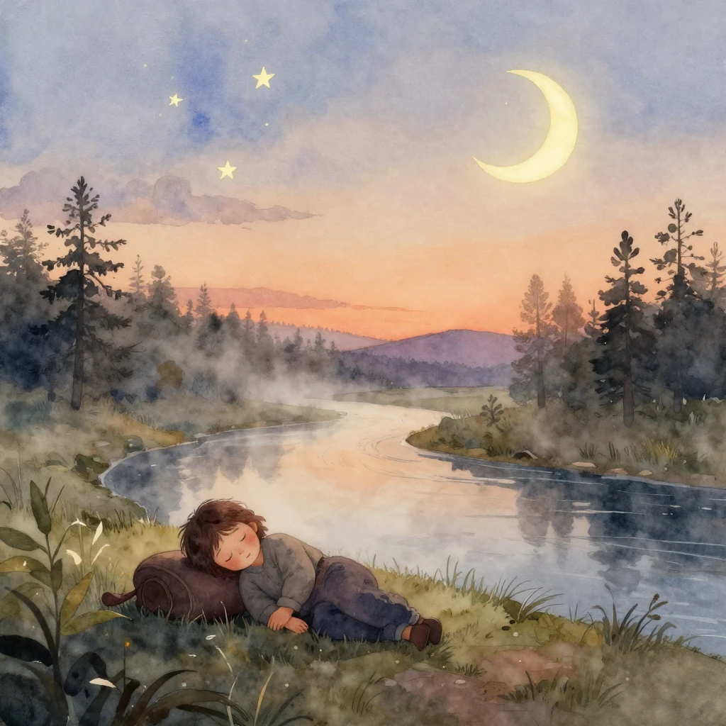 A cozy, peaceful Russian folk scene in watercolor style. Sof...