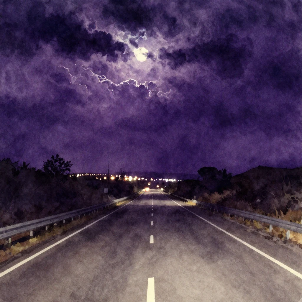 Vibrant watercolor style. Desolate highway at night. City li...