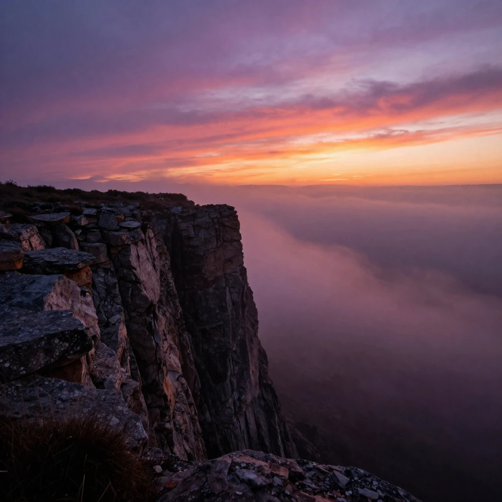 A breathtaking view of a rugged cliff edge at sunset, with a...