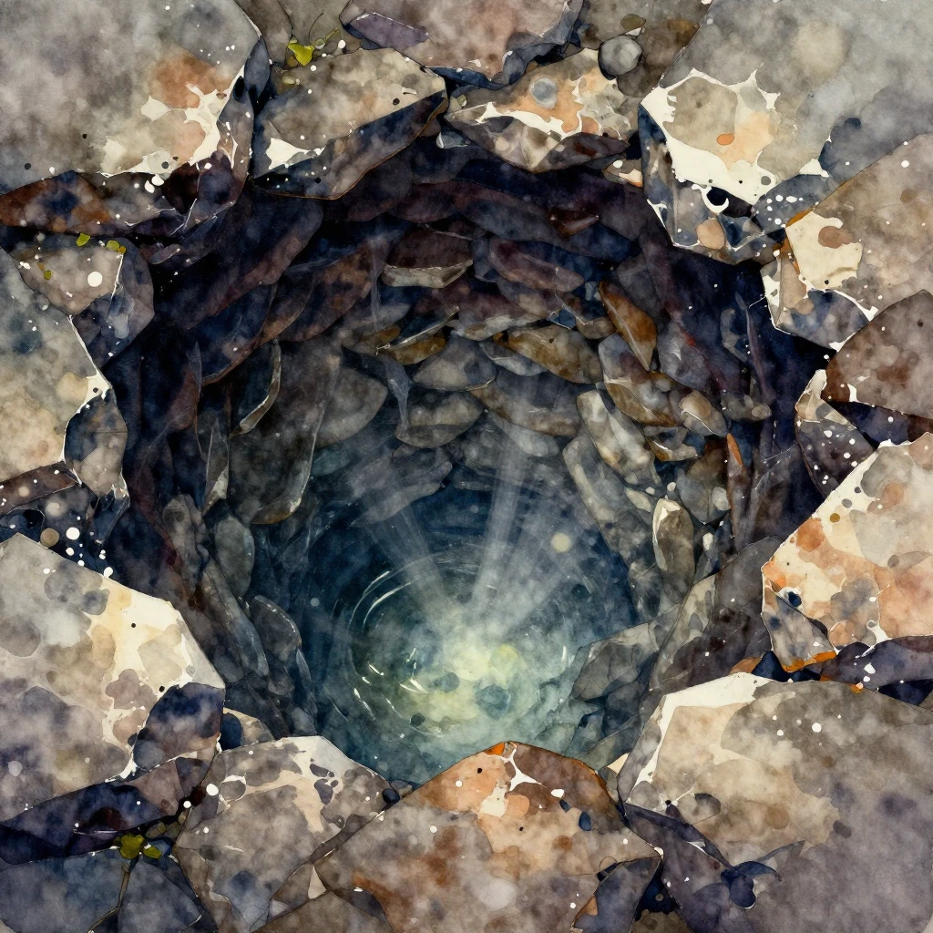 Vibrant watercolor painting of a dark, deep well, almost com...