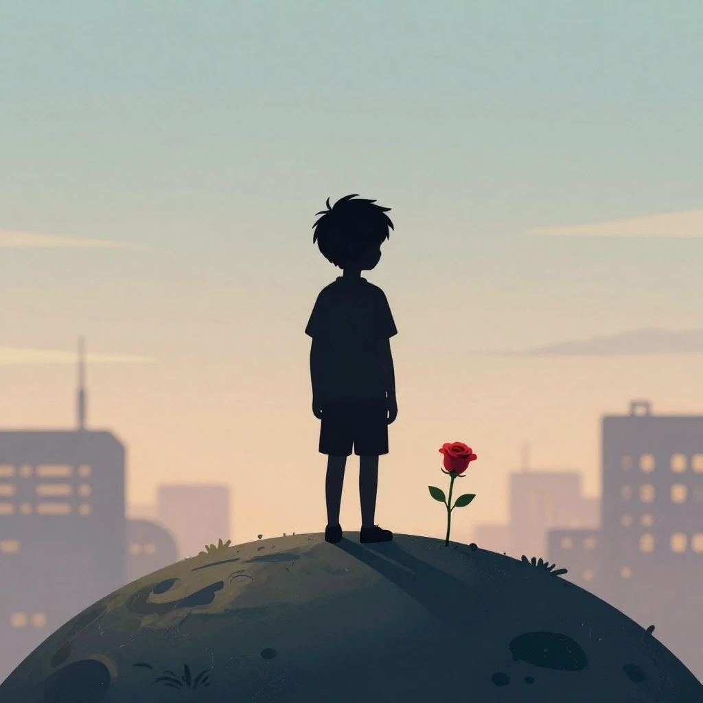 A lonely boy's silhouette, reminiscent of the Little Prince,...