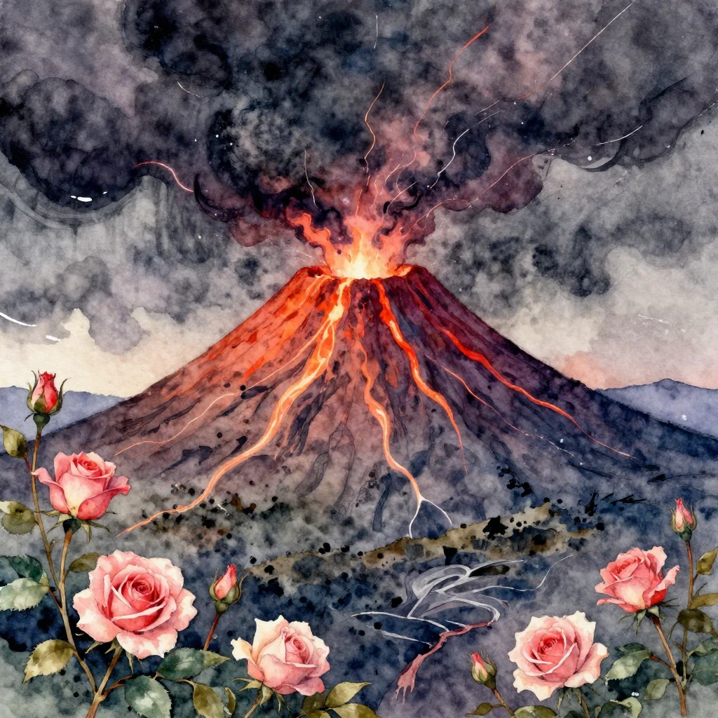A vibrant watercolor image of a dormant volcano, with delica...