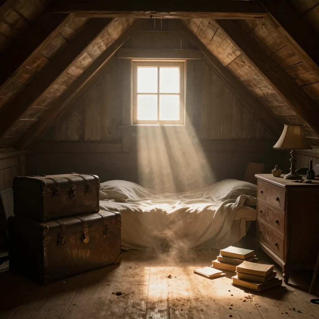 An atmospheric dusty attic scene, shafts of golden light fil...