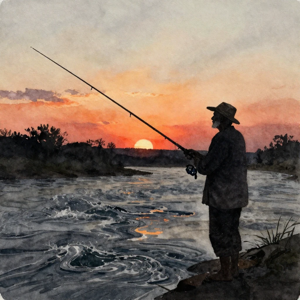 A watercolor painting of an old fisherman, his silhouette st...
