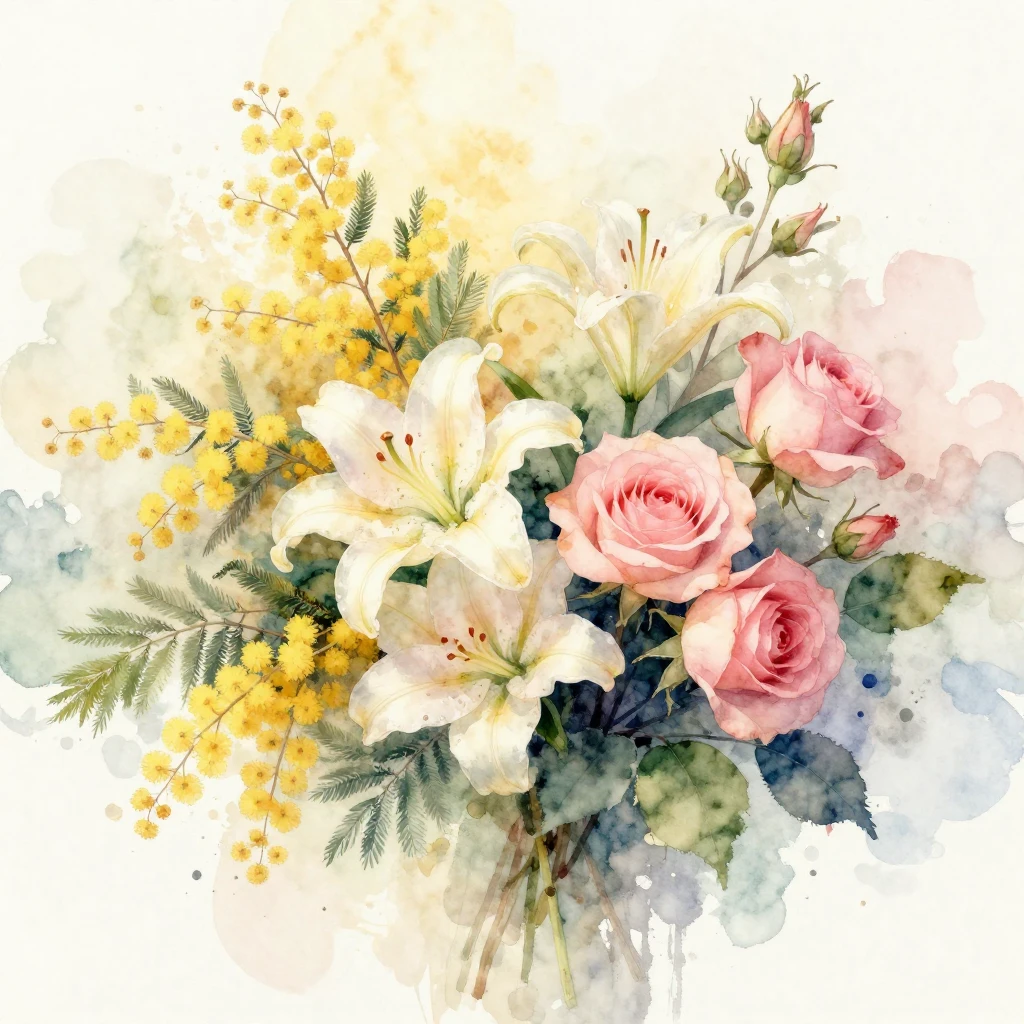 A watercolor painting of a diverse bouquet of spring flowers...