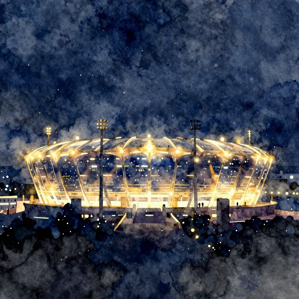 Watercolor style. Abstract glowing stadium silhouette at nig...