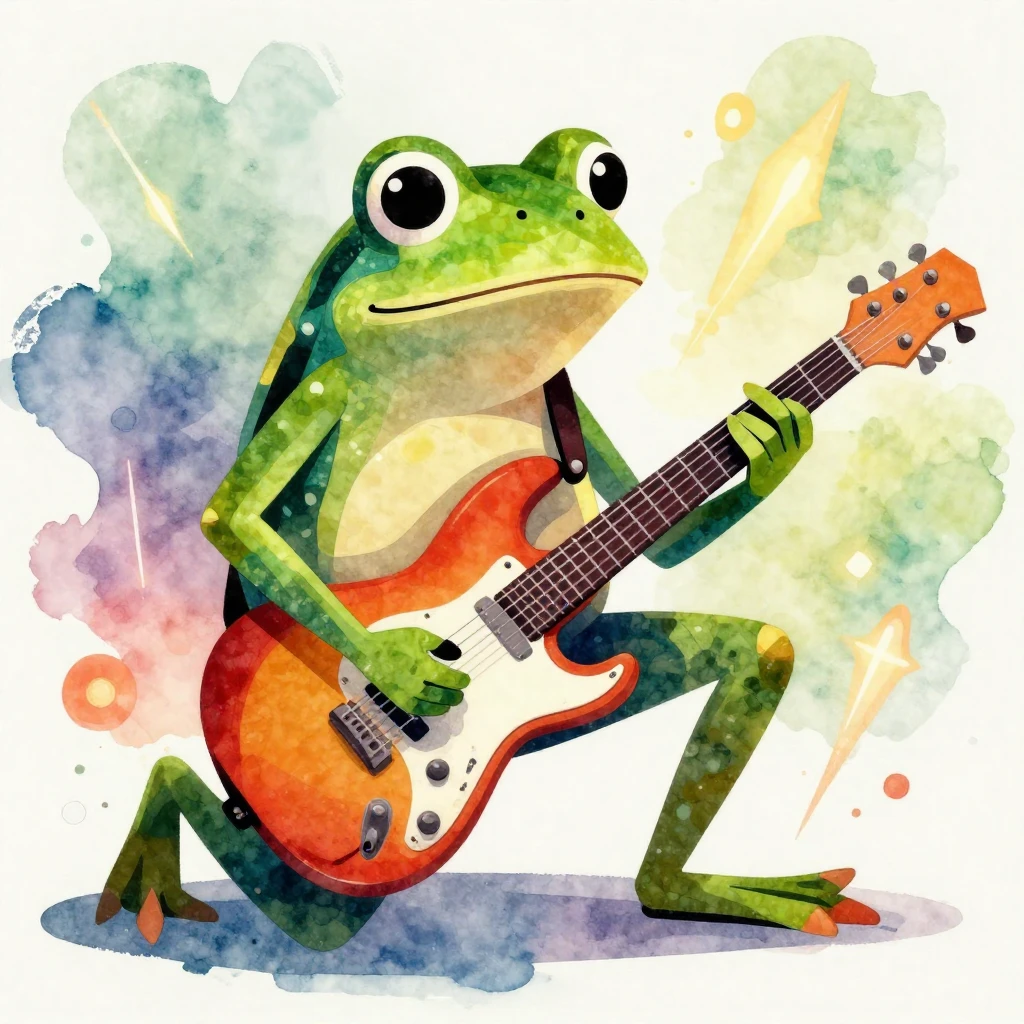 A stylized, abstract frog with a rock and roll vibe, playing...