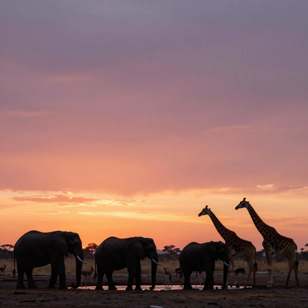 Silhouetted savanna animals, including elephants, giraffes, ...