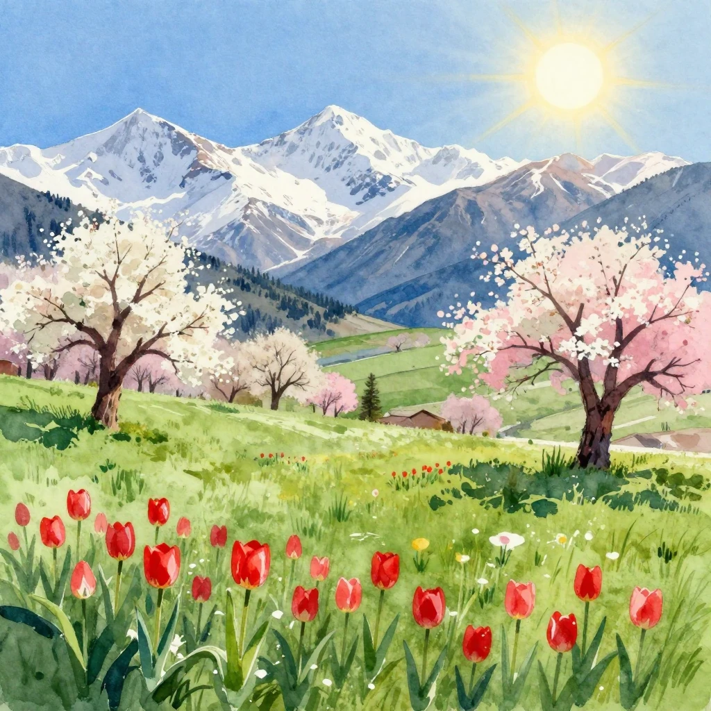A vibrant watercolor painting depicting a breathtaking sprin...