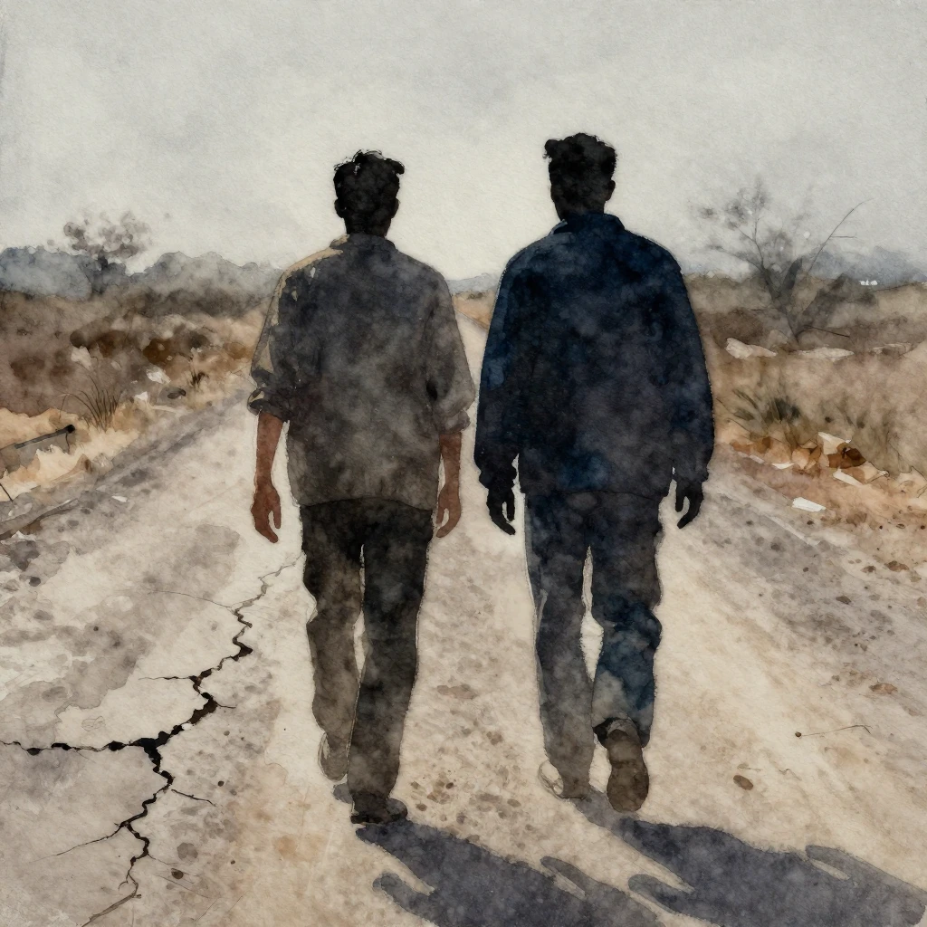A watercolor painting depicting two male silhouettes, one sl...