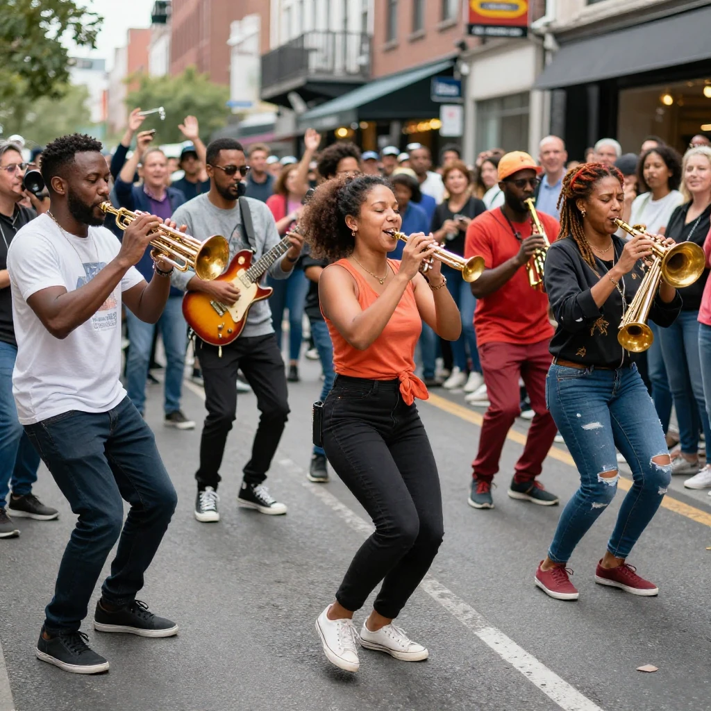 A group of diverse street musicians playing various instrume...