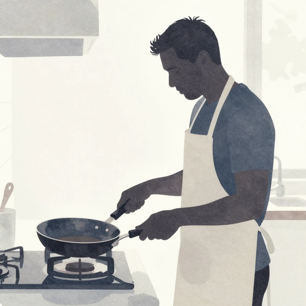 A strong silhouette of a man in an apron, actively holding a...