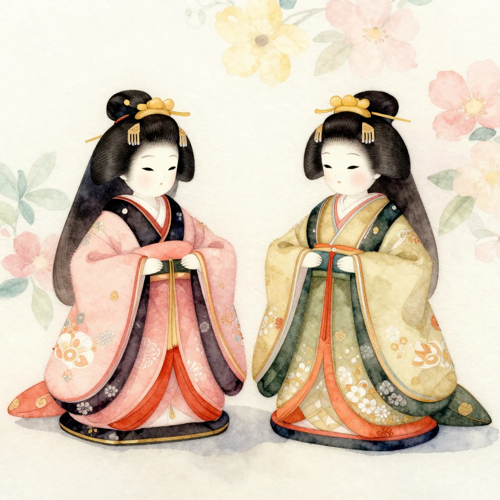 A delicate watercolor painting of traditional Japanese dolls...