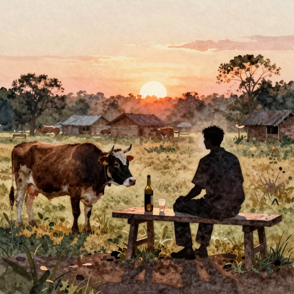 Watercolor style. A silhouette of a man sitting on a wooden ...