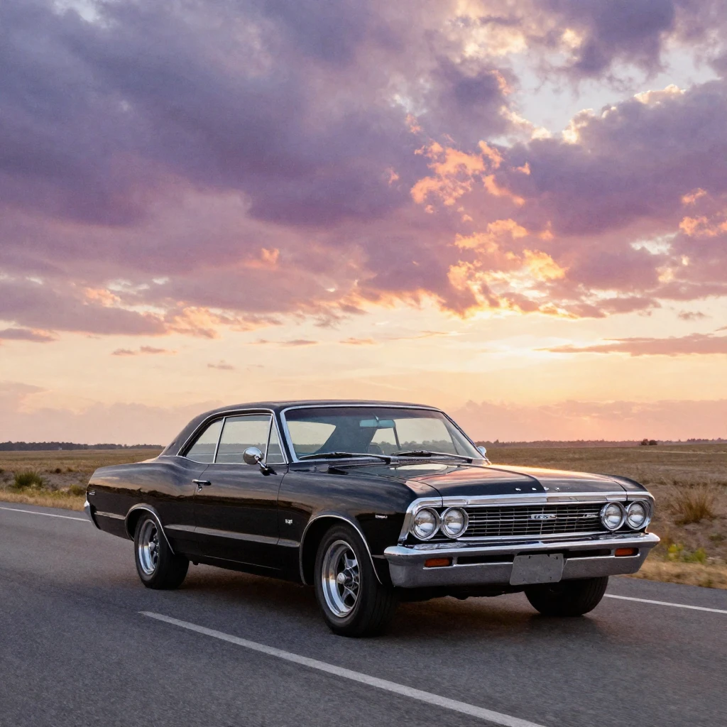 A black 1967 Chevrolet Impala driving down a long, empty roa...