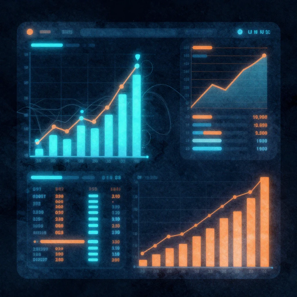 An abstract digital dashboard featuring glowing bar charts a...