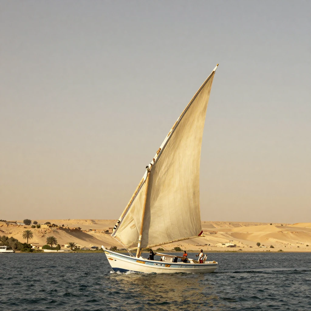 A felucca sailing gracefully on the Nile River in ancient Eg...