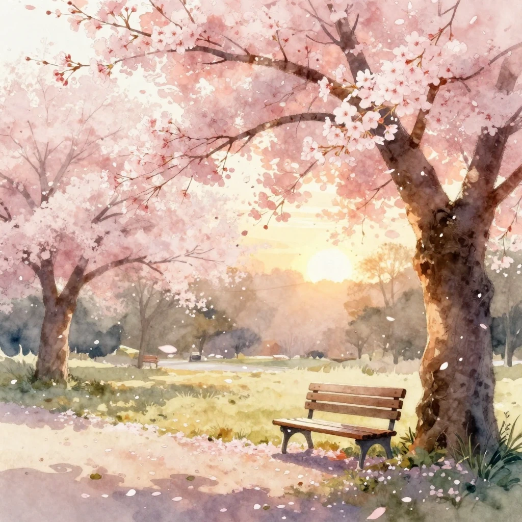 A beautiful watercolor painting of a park filled with bloomi...