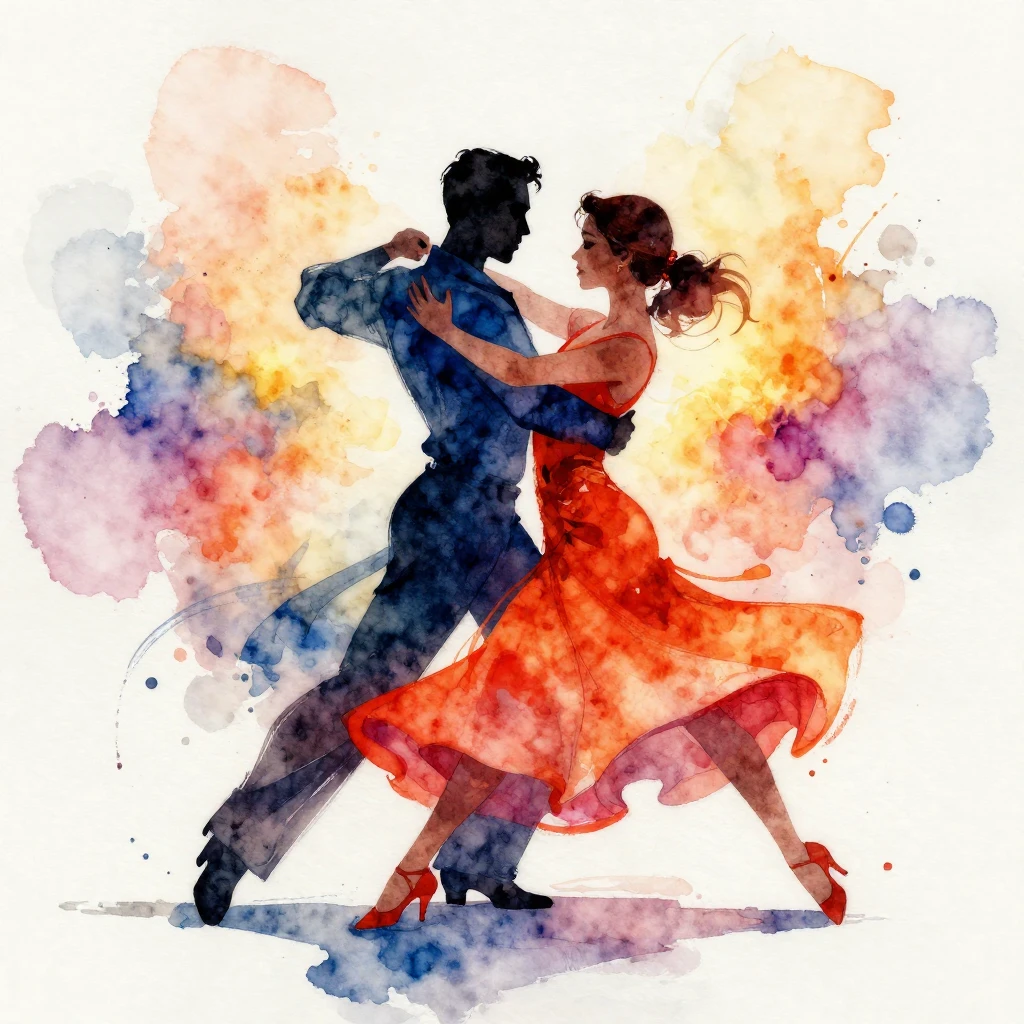 Dynamic watercolor illustration of a mambo dance scene, two ...