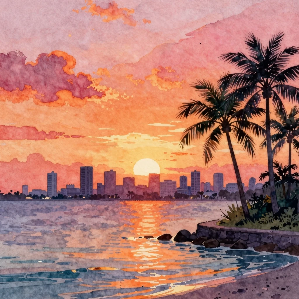 Watercolor painting of a vibrant Miami sunset over the ocean...