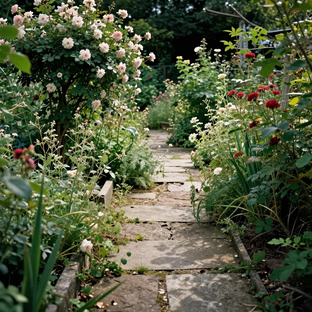 An overgrown, wild garden with crumbling stone paths, ancien...