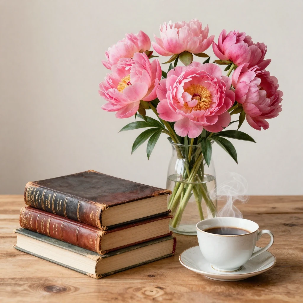 A beautifully arranged still life featuring a stack of vinta...