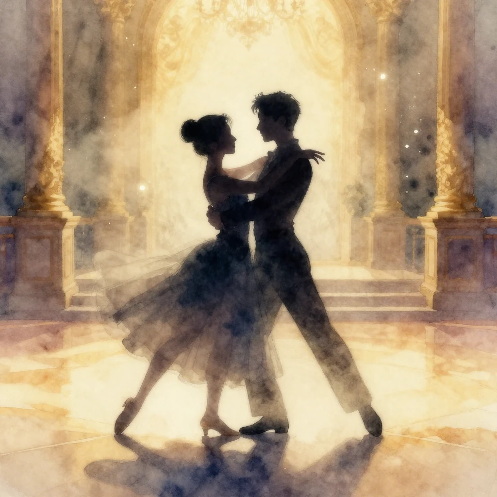 A watercolor painting of two sibling silhouettes dancing a w...