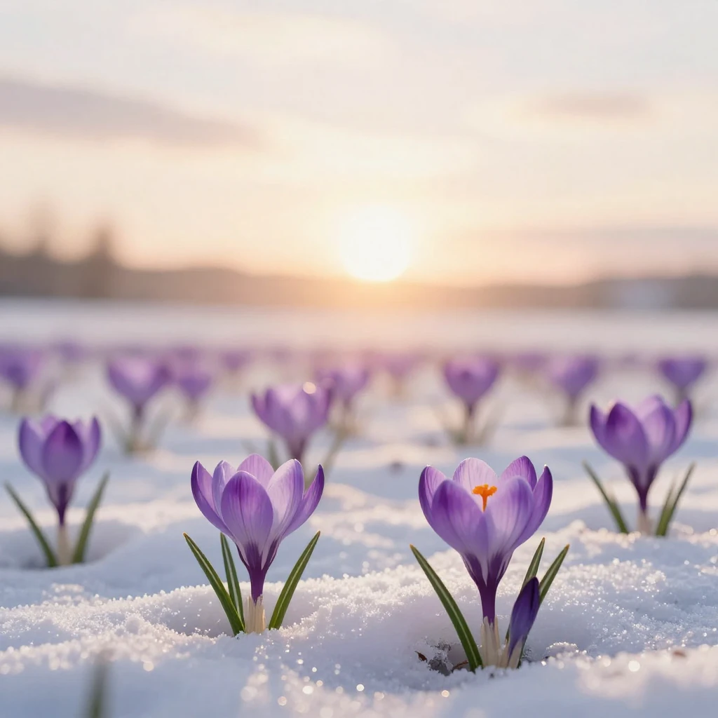 An artistic depiction of colorful crocuses pushing through m...